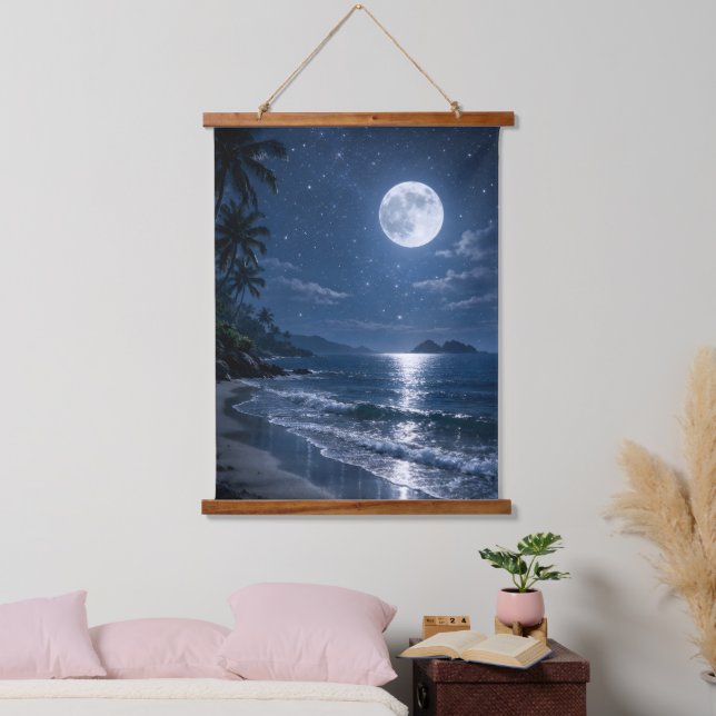 Full Moon Over Tropical Beach Night Acrylic  Hanging Tapestry (Bedroom)