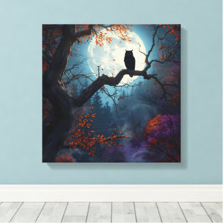 Full Moon Owl in Autumn Tree Night Canvas Print