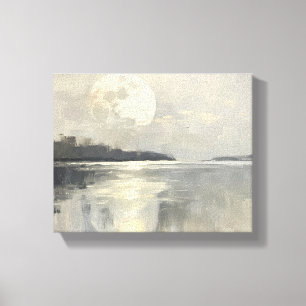 Full Moon Reflection Over Misty Lake  Neutral Tone Canvas Print