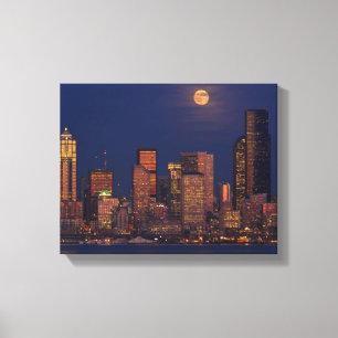 Full moon rising over downtown Seattle skyline Canvas Print