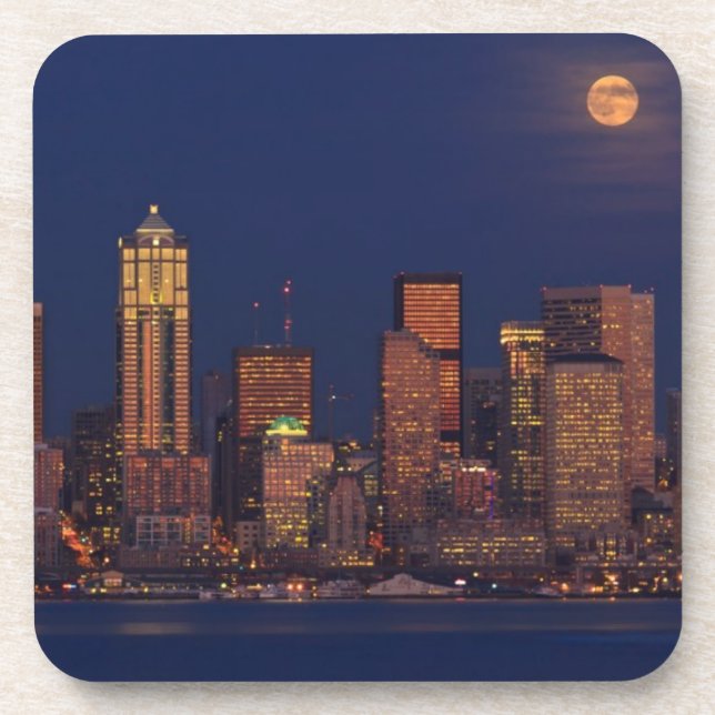 Full moon rising over downtown Seattle skyline Coaster (Front)