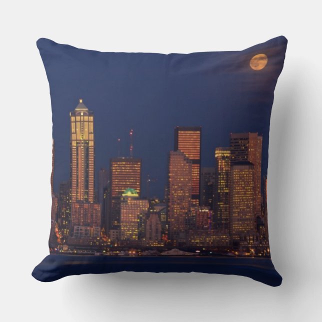 Full moon rising over downtown Seattle skyline Cushion (Front)