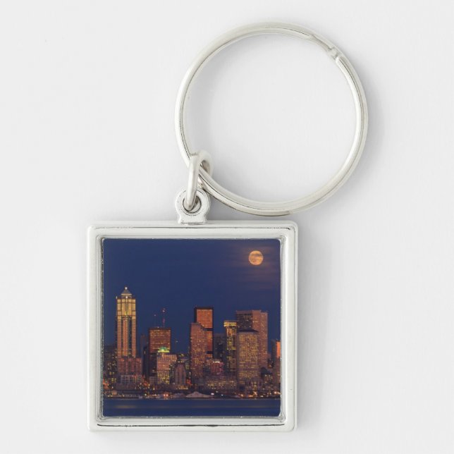 Full moon rising over downtown Seattle skyline Key Ring (Front)