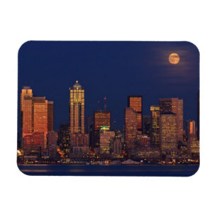 Full moon rising over downtown Seattle skyline Magnet