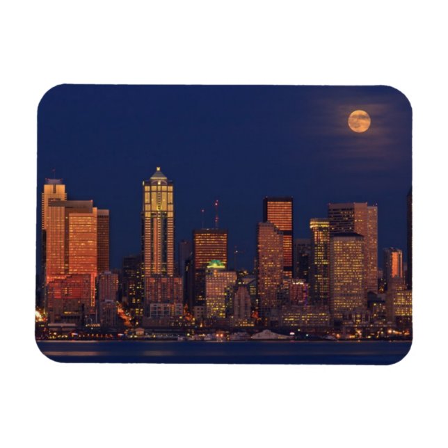 Full moon rising over downtown Seattle skyline Magnet (Horizontal)