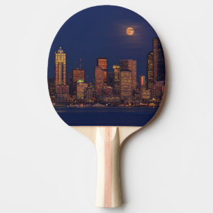 Full moon rising over downtown Seattle skyline Ping Pong Paddle