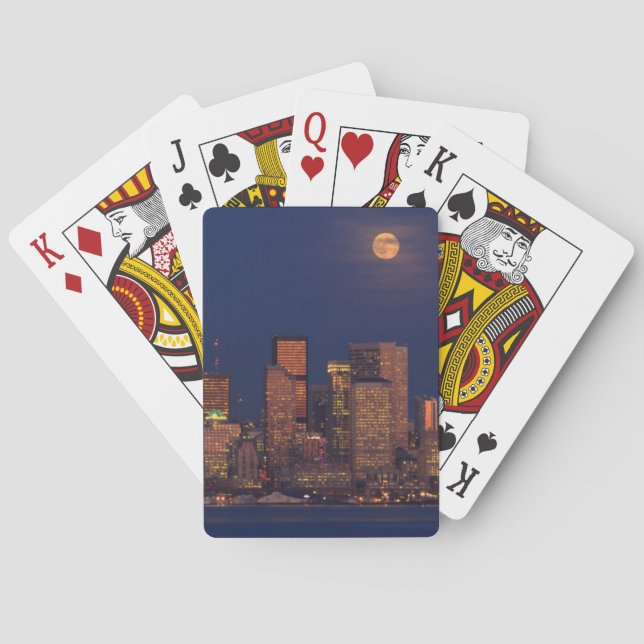 Full moon rising over downtown Seattle skyline Playing Cards (Back)