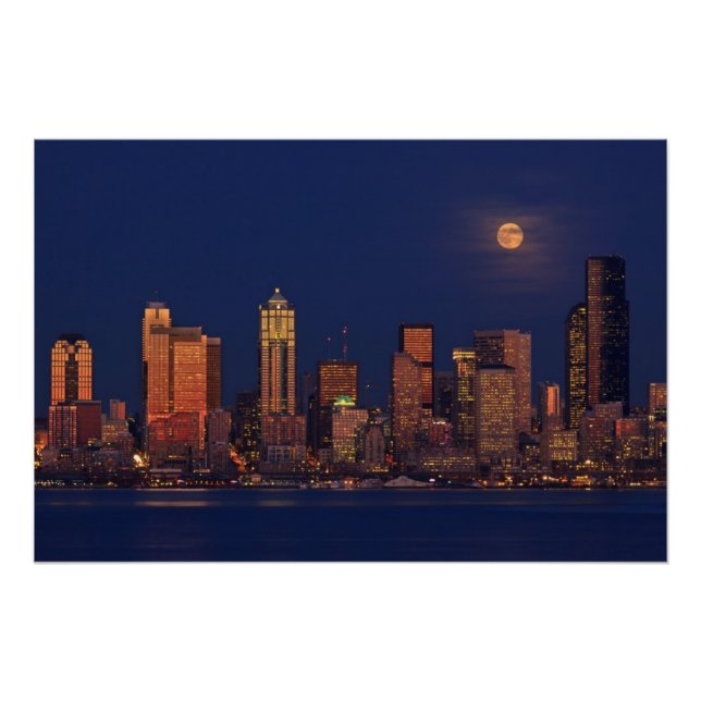 Full moon rising over downtown Seattle skyline Poster (Front)