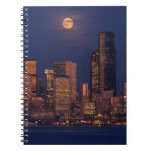 Full moon rising over downtown Seattle skyline Spiral Notebook