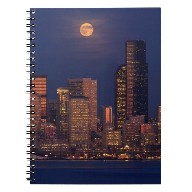 Full moon rising over downtown Seattle skyline Spiral Notebook (Front)