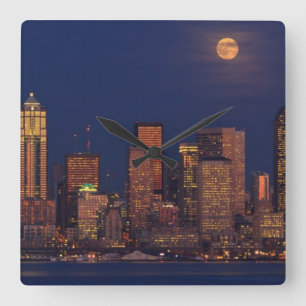 Full moon rising over downtown Seattle skyline Square Wall Clock