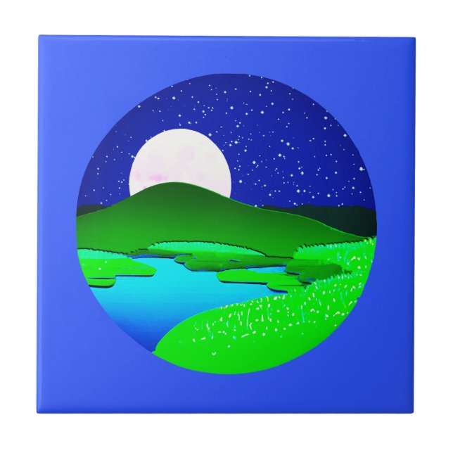 Full Moon Rising Over Green Hills   Tile (Front)
