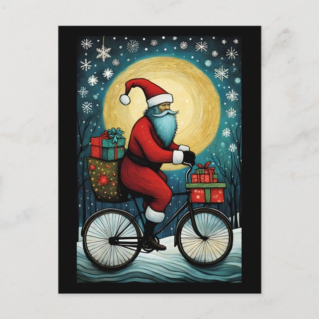 Full Moon Santa Bicycle Presents Christmas Postcard (Front)