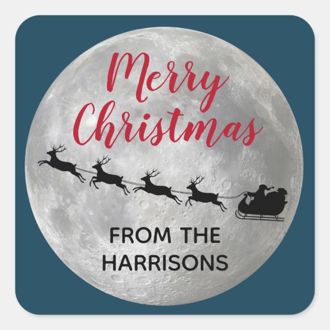 Full Moon Santa Sleigh Design Sticker Label (Front)