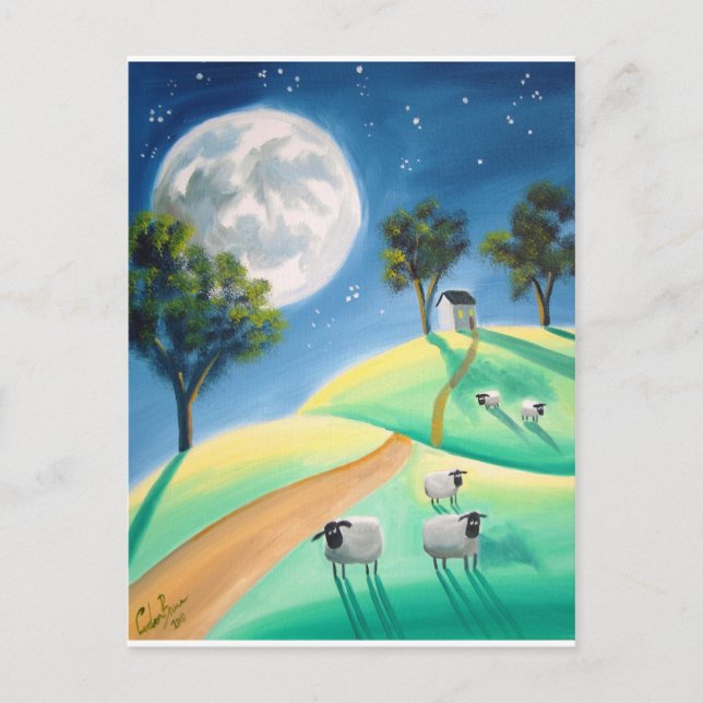 FULL MOON & SHEEP PAINTING POSTCARD (Front)