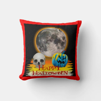 Full Moon, Skull and Blue Pumpkin at Night. Cushion
