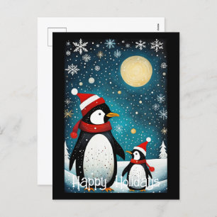 Full Moon Snowy Winter Santa Penguin Christmas  Holiday Postcard