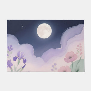 Full Moon Watercolor Iris Floral Night Doormat