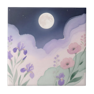 Full Moon Watercolor Iris Floral Night Tile