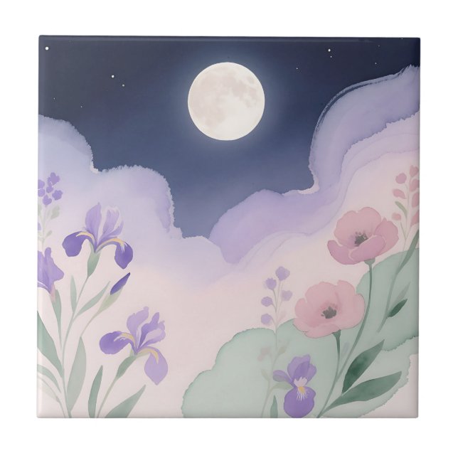 Full Moon Watercolor Iris Floral Night Tile (Front)