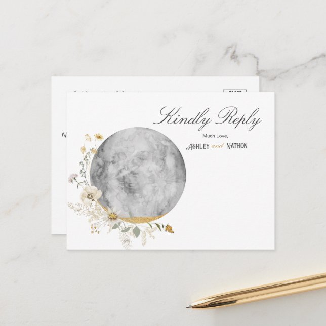Full Moon Wildflower Gold Watercolor RSVP Postcard (Front/Back In Situ)