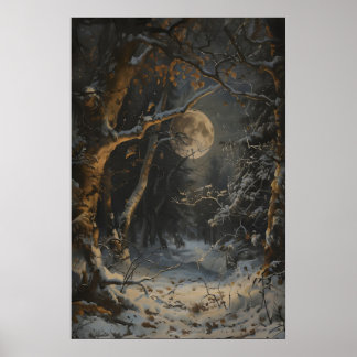 Full Moon Winter Dark Forest Art Print Dark