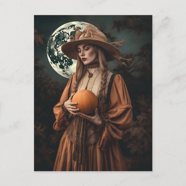 Full Moon Witch With Pumpkin Postcard (Front)