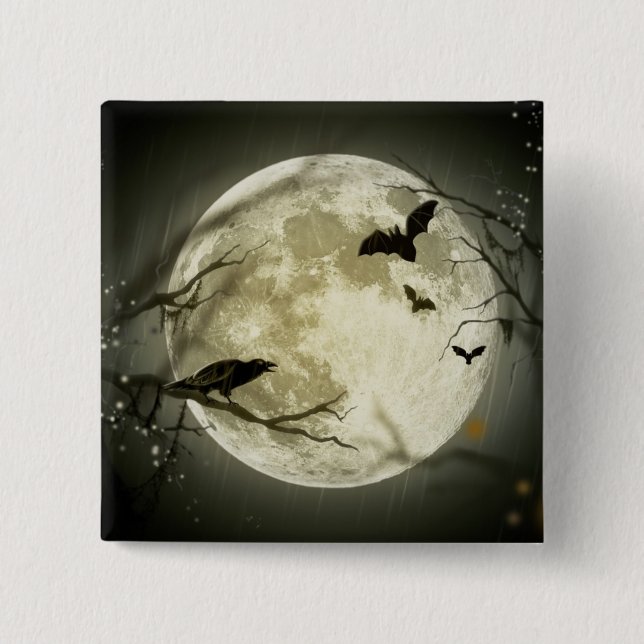 Full Moon with bats and Raven 15 Cm Square Badge (Front)