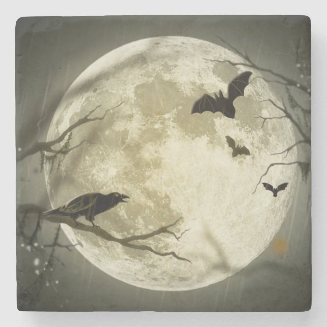 Full Moon with bats and Raven Stone Coaster (Front)