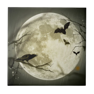 Full Moon with bats and Raven Tile