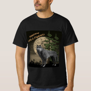 Full Moon with Grey Wolf Happy Halloween  T-Shirt