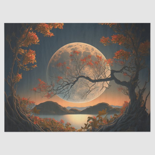 Full Moon with Orange Leaf Fall Trees Decoupage Tissue Paper (Front)