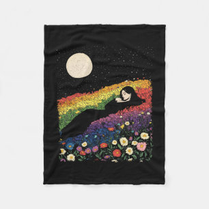Full moon women's cottagecore girl floral rainbow fleece blanket