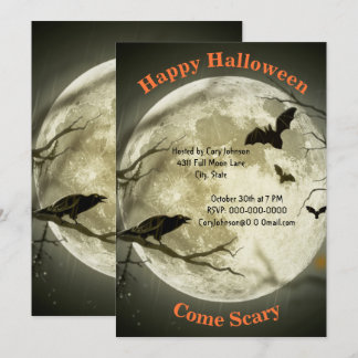 Full Moonlight Night, Black Crow, Bats, Halloween Invitation