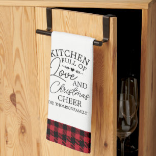 full of Love Christmas Cheer Plaid Family Name Tea Towel