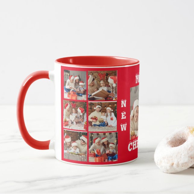 FULL PHOTO COLLAGE MERRY CHRISTMAS MUG RED COLLAGE (With Donut)