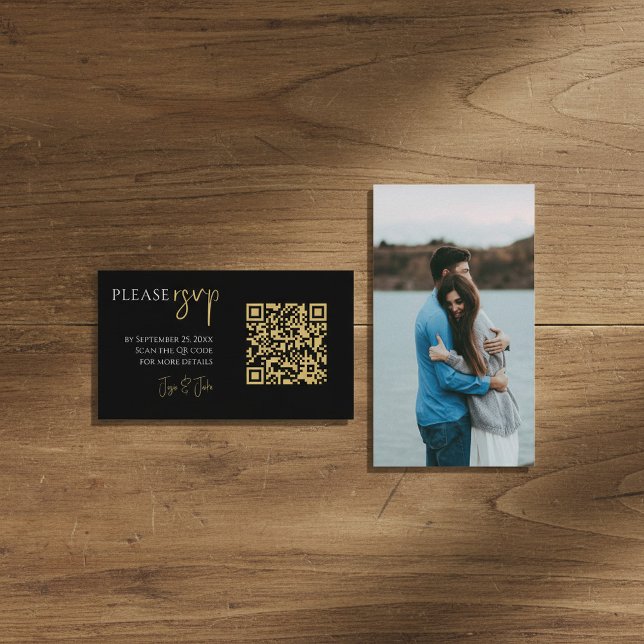 Full photo, gold QR code black wedding RSVP Enclosure Card (Full photo, gold QR code black wedding RSVP Enclosure Card.)