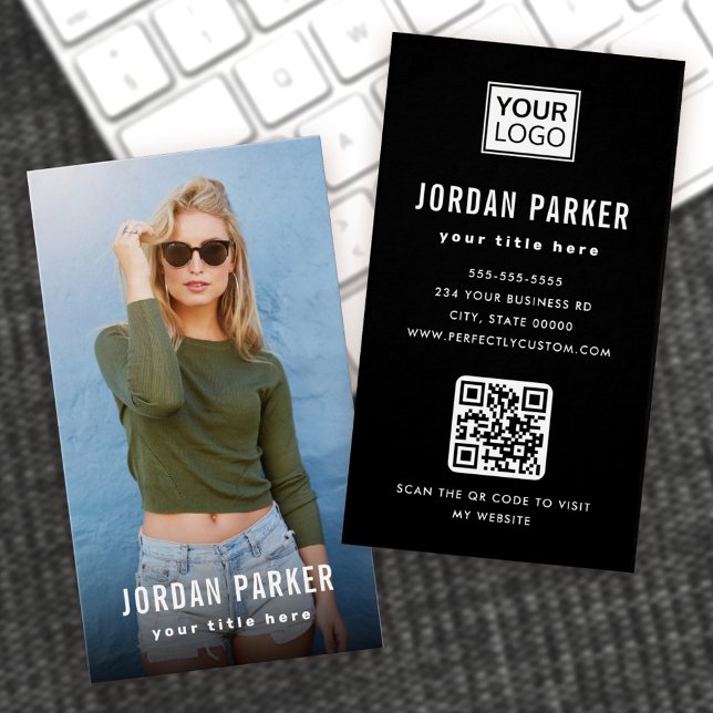 Full photo logo black vertical business cards (Creator Uploaded)
