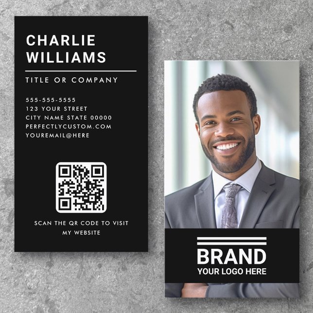 Full photo logo modern minimal QR code black Business Card (Full photo logo modern minimal QR code black Business Card)