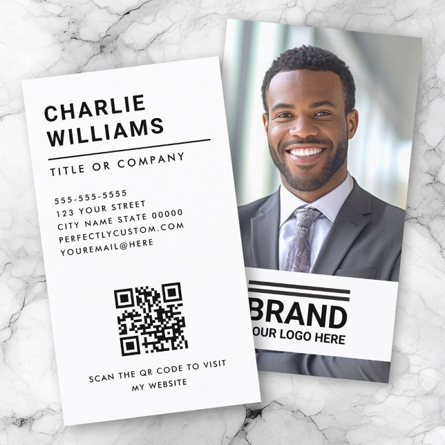 Full photo logo modern minimalist QR code white Business Card (Creator Uploaded)