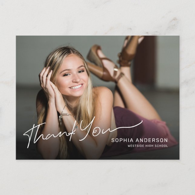 Full Photo Modern Script Graduate Thank You Postcard (Front)