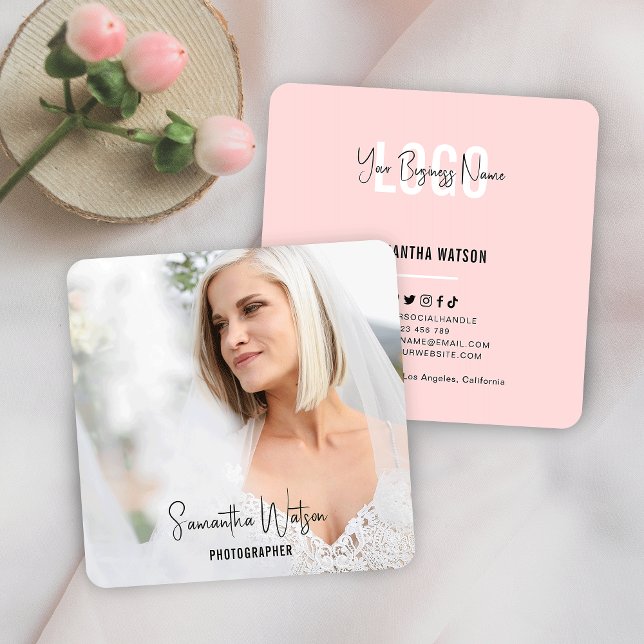 Full Photo Pale Pink Feminine Modern Photography Square Business Card (Creator Uploaded)