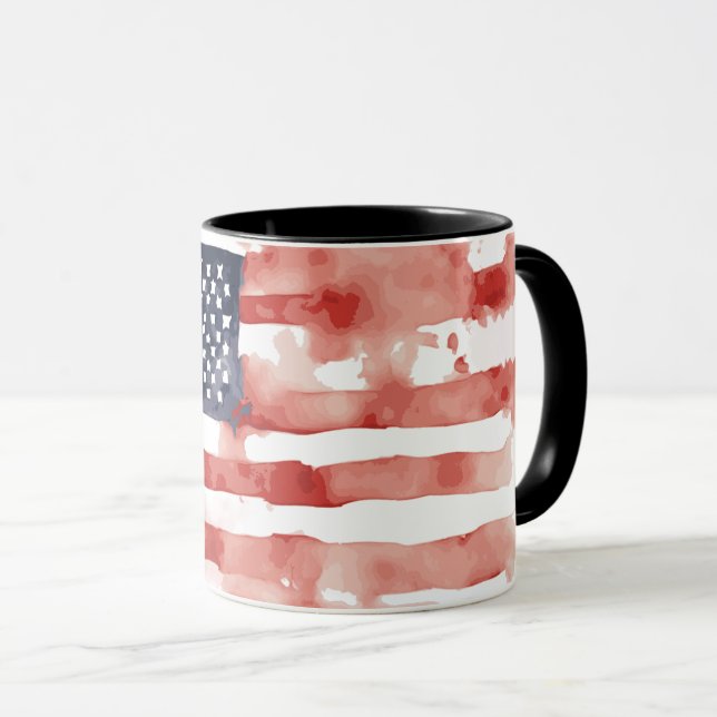 Full-Spread Watercolor American Flag, 4th of July Mug (Front Right)
