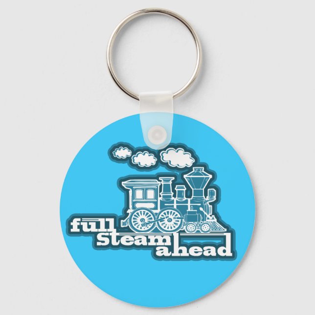 "Full steam ahead" sky blue train graphic keychain (Front)