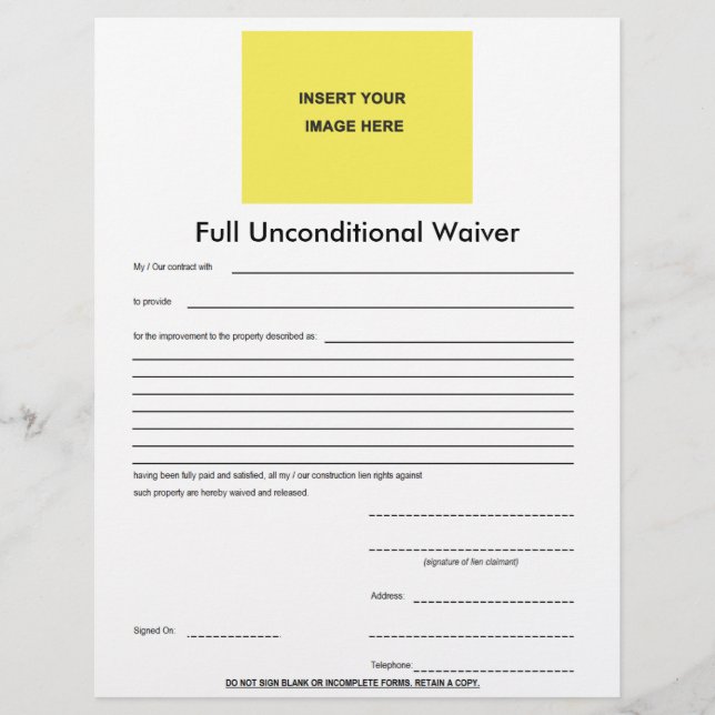 Full Unconditional Blank Logo Waiver Template (Front)