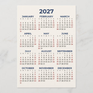 Full Year 2027 Calendar Your Colours Simple Card