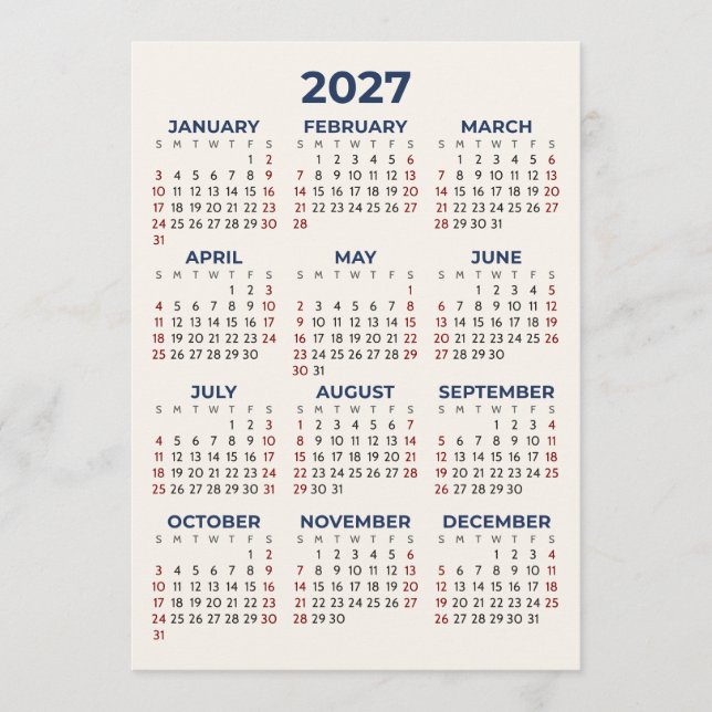 Full Year 2027 Calendar Your Colours Simple Card (Front)