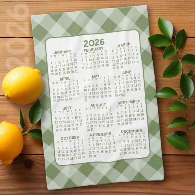 Full Year Calendar - Green White Farmhouse Check Tea Towel (2026 Calendar)