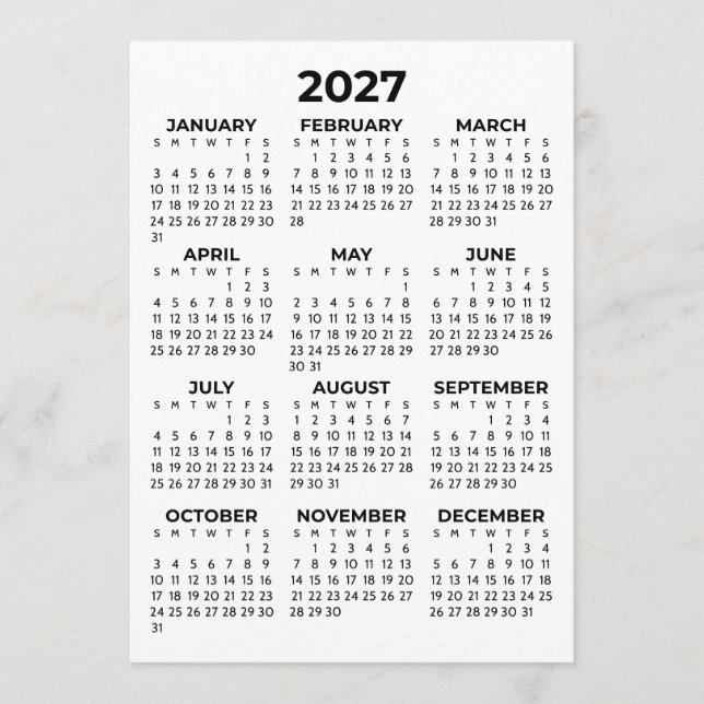 Full Year View 2027 Calendar Simple Card (Front)