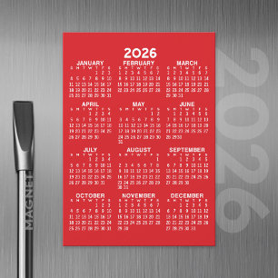 Full Year View Calendar Basic Red Magnetic Card
